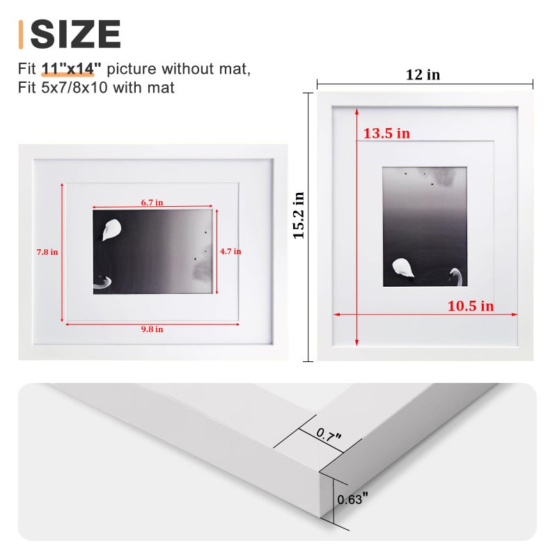 Egofine 11x14 Picture Frames Set of 4, Made of Solid Wood Covered by Plexiglass 5x7 and 8x10 with Mat or 11x14 without Mat, for Table Top Display and Wall Mounting Photo Frame White - Image 3